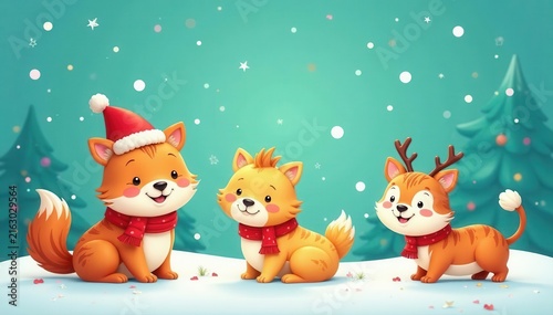 Cute cartoon animal holiday cards, bright colors, postcard, whimsical