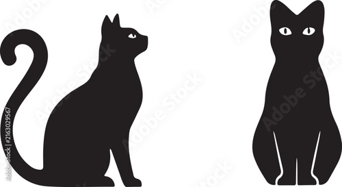 Two minimalist black cat silhouettes sitting in different poses isolated on a white background