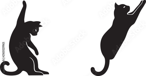 Two silhouettes of playing cats with black bodies on a transparent background