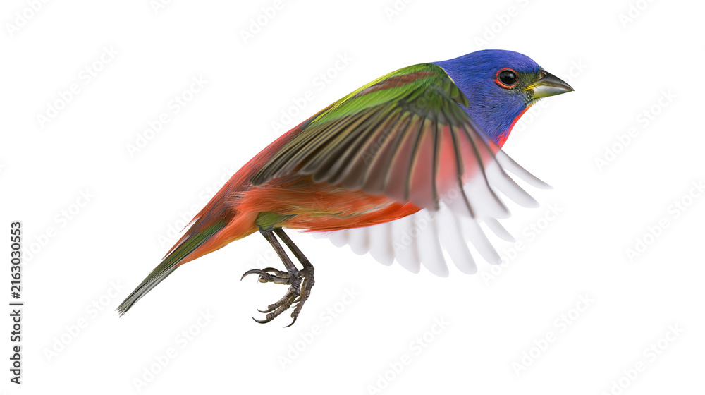Fototapeta premium Painted bunting bird in flight with wings spread