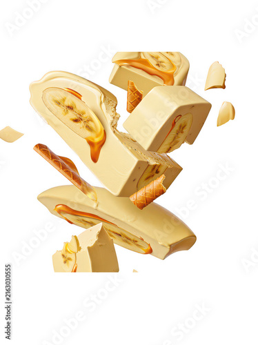 White chocolate bars with banana slices and... isolated on a transparent background