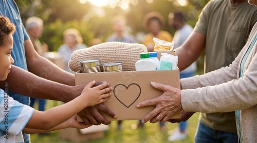 Close-up of diverse hands passing a donation box filled with food and essential supplies, symbolizing kindness, generosity, cooperation and community support on International Charity Day.