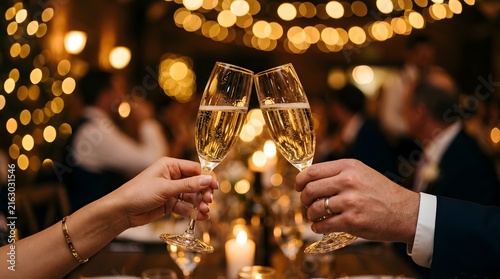 Champagne Toast Celebration in a Warm Candlelit Restaurant.