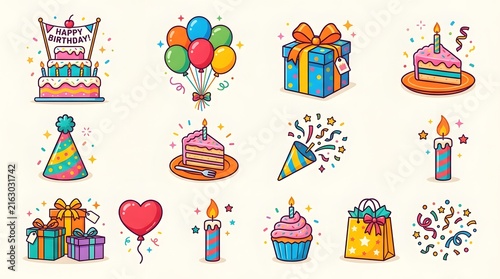 Colorful Birthday Celebration Icons with Cakes Balloons and Gifts.