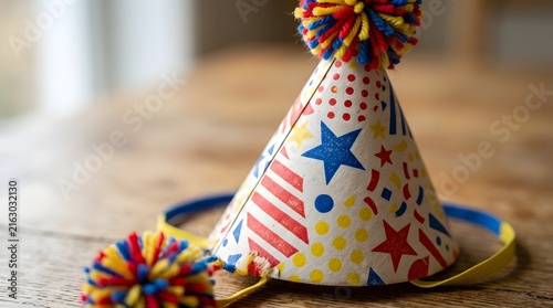 Colorful Party Hats on Wooden Table Celebration Scene.