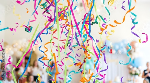 Colorful Streamers and Confetti at Celebration Party.
