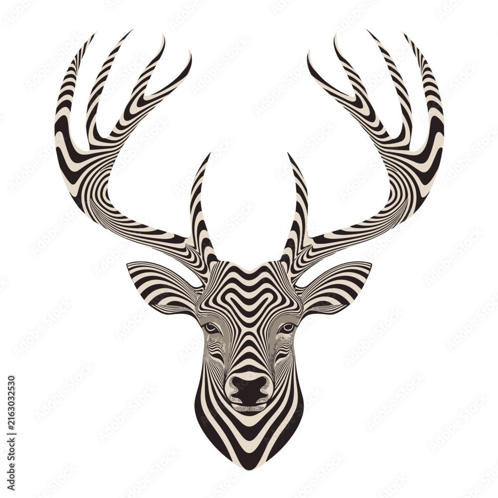 Fototapeta premium Abstract deer head with optical illusion zebra stripes pattern on white