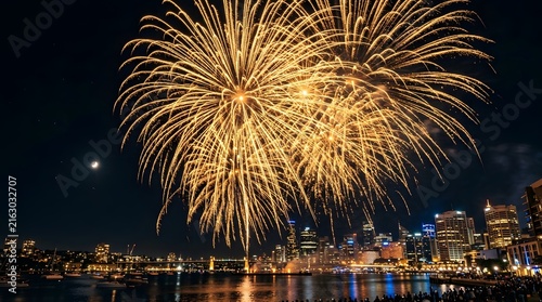 Night City Skyline Illuminated by Fireworks Over Riverside.