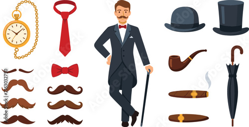 Obraz na plátně Vintage gentleman retro fashion accessories vector set featuring elegant man in