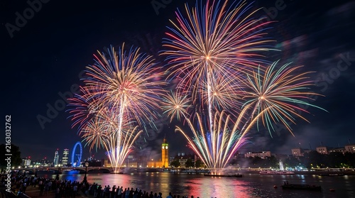 Nighttime Fireworks Over City Skyline by the Water.