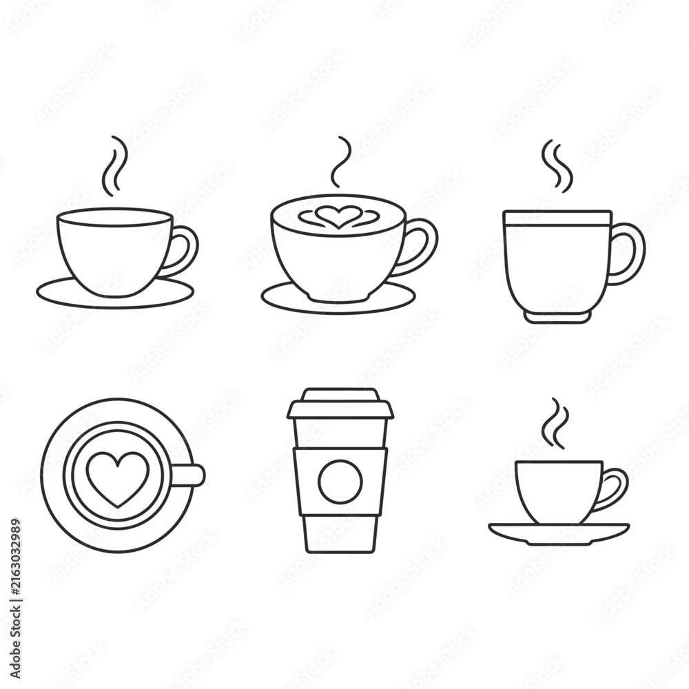 Fototapeta premium Coffee cup icons set with outline style for menu and cafe branding