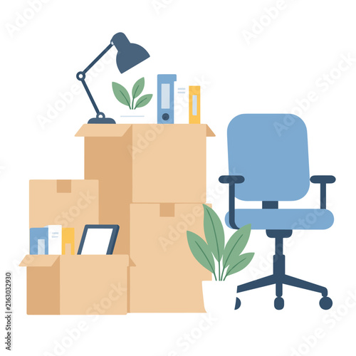 Cardboard moving boxes piled up with office supplies and potted plants against a white background