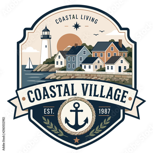 Coastal village badge with lighthouse and anchor illustration