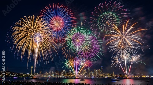 Spectacular Night Fireworks Over City Reflections.