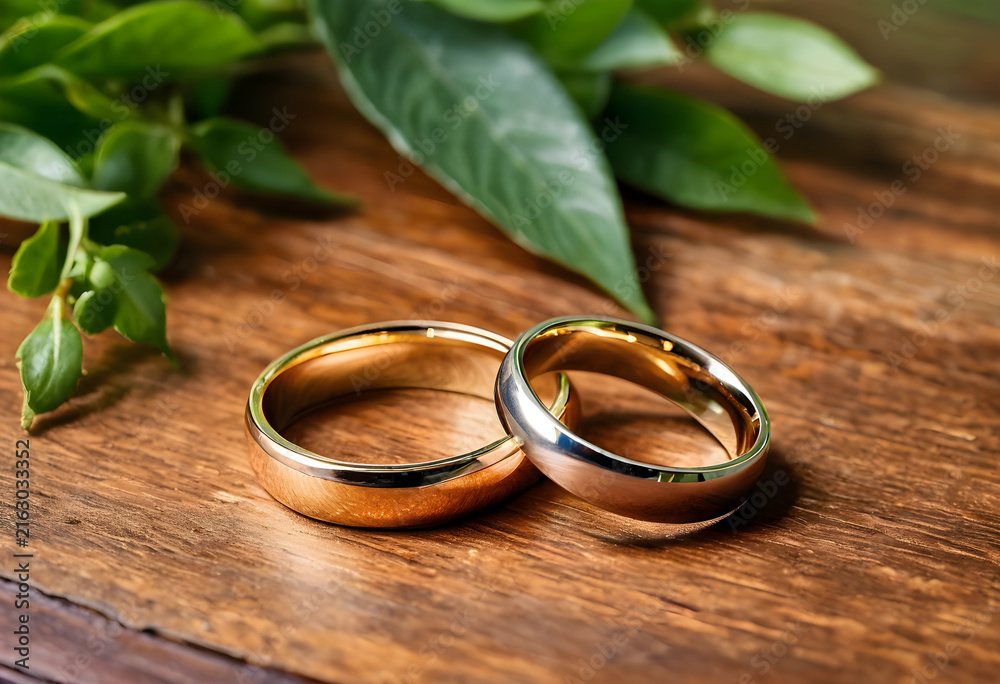 Fototapeta premium Wedding rings on rustic wooden table marriage and commitment concept love and celebration engagement jewelry
