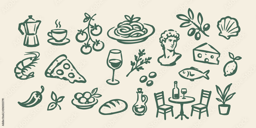 Fototapeta premium Mediterranean Food Doodle Set Illustration