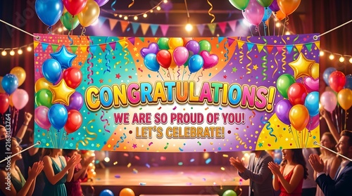 Vibrant Celebration Party Scene with Balloons and Confetti.