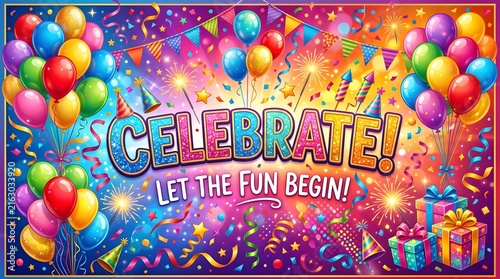 Vibrant Celebration Scene with Balloons Confetti and Gifts.