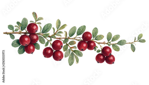 Watercolor cranberry branch with red berries and leaves isolated on transparent background