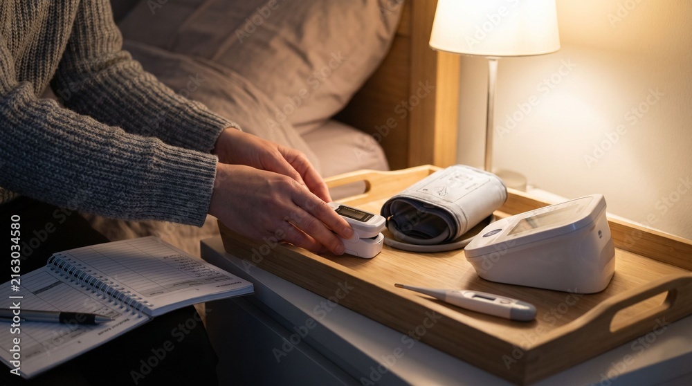 Fototapeta premium Person using medical devices on bedside table with notepad