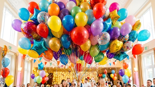 Vibrant Indoor Balloon Party With Colorful Crowd Celebration.