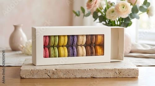 Unbranded white box with window display packaging mock-up for macarons on stone table.