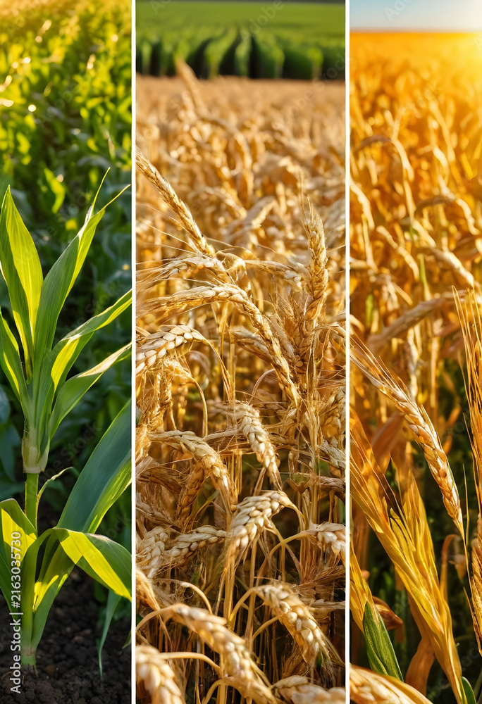 Fototapeta premium Agricultural crop diversity and food security, collage of green corn and golden wheat fields under sunlight