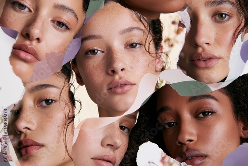 Empowering female portrait collage featuring diverse faces in pastel tones