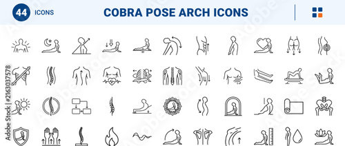 Cobra pose arch line icon set. Vector pictograms of back, yoga, stretch, and spine elements, thin linear illustration.