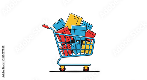 Shopping cart full of colorful packages, vector icon illustration for logistics, delivery businesses, and ecommerce shipping concepts