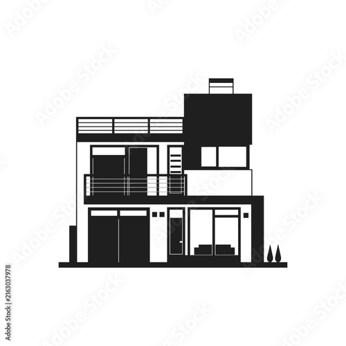 Modern minimalist house icon representing contemporary architecture, residential building, real estate, property development, and urban living concepts with clean lines