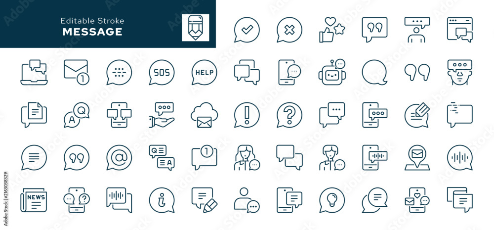 Naklejka premium Message outline icons set. Talking bubble, conversation, communication, discussion, dialogue, chat, text and audio message. Line icon in linear style. Vector collection 