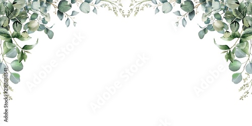 Fotografía Elegant watercolor eucalyptus floral frame with soft green leaves and botanical branches around a clean white center