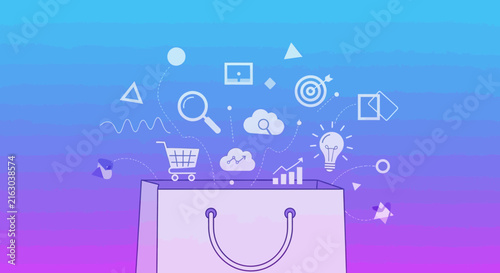 Online Shopping Concept, Vertical Mockup with Ecommerce Icons. Digital Marketing and Internet Sales Illustration. Blue and Purple Vector Format Isolated on Blank Space for E-commerce and