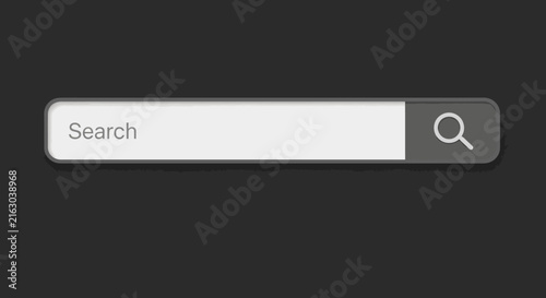 Sleek dark gray search bar input field with magnifying glass icon. Minimalist vector web interface element for website user interface design. Flat design technology concept with white text label.
