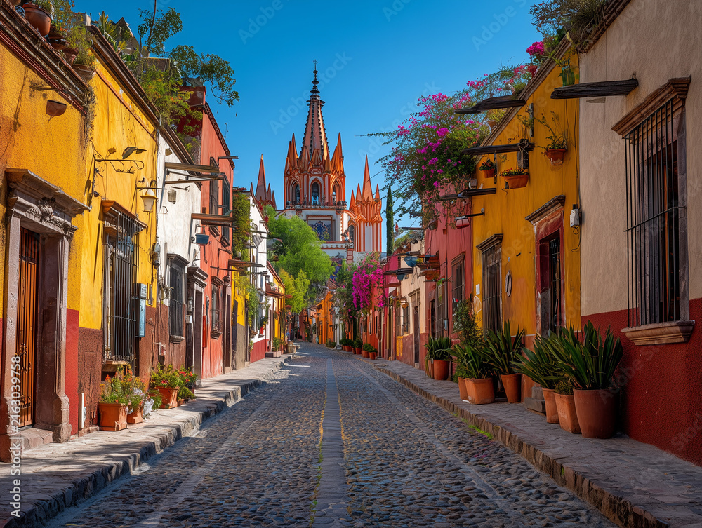 Fototapeta premium San Miguel de Allende historic center with colonial cathedral, colorful buildings, flower-filled streets, blue sky, ultra realistic architectural photography, no people
