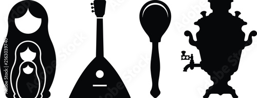 Картината върху платно Set of black Russian culture and tradition icons featuring matryoshka nesting dolls, balalaika, wooden spoon, and samovar
