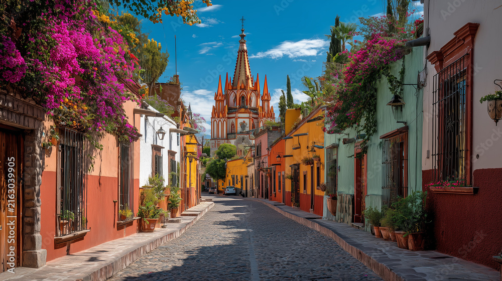Obraz premium San Miguel de Allende historic center with colonial cathedral, colorful buildings, flower-filled streets, blue sky, ultra realistic architectural photography, no people