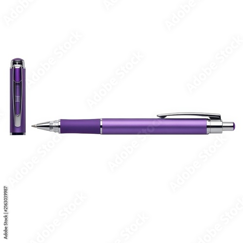 Purple fountain pen with refill standing upright isolated on white background