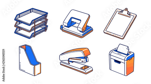 Bild auf Leinwand Modern isometric office stationery vector icon set featuring three tier document