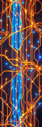 Glowing Orange and Blue Abstract Technology Circuit Network