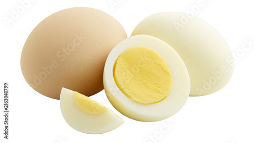 фотографія Whole and halved hard-boiled eggs with yellow yolk