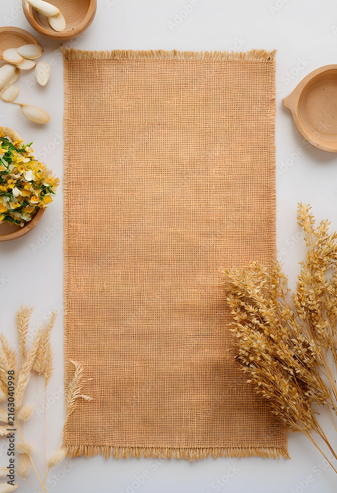 Fototapeta premium Natural rustic background with burlap fabric dried flowers and wooden bowls organic texture for product display