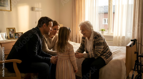 Family visiting elderly woman in hospital bed.