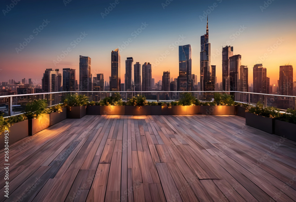 Fototapeta premium Urban rooftop terrace with city skyline at sunset, modern architecture and luxury lifestyle, outdoor event space with wooden deck