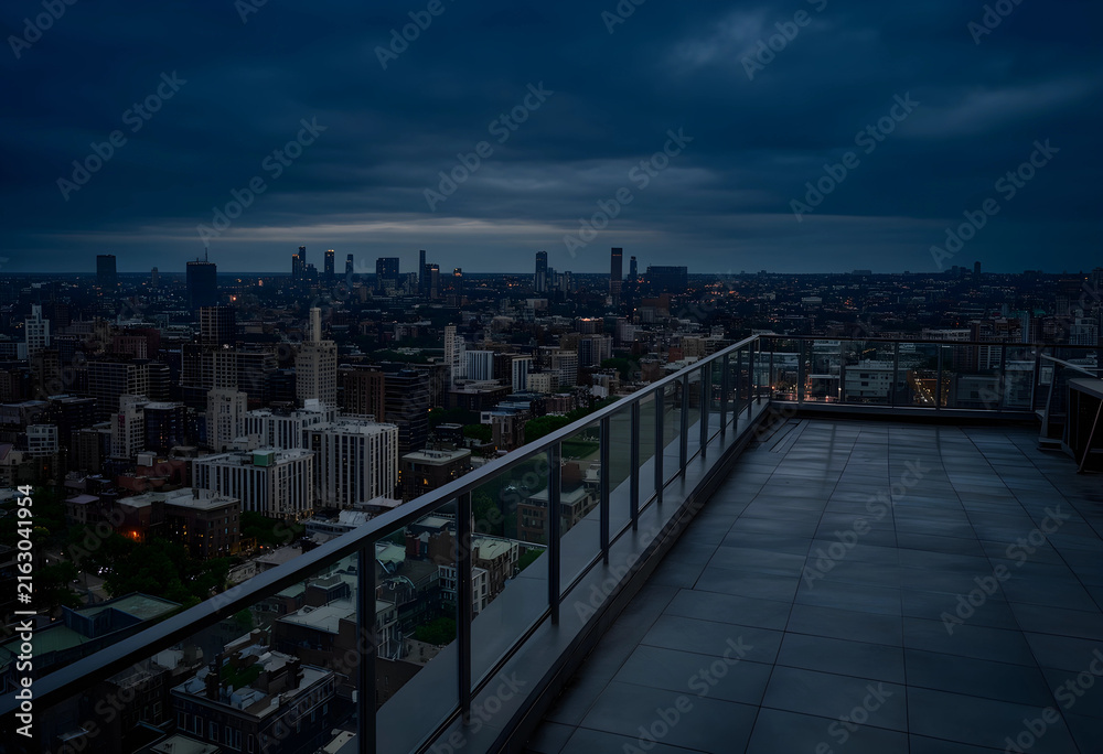 Fototapeta premium Urban skyline at dusk, city lights and modern architecture, rooftop terrace view with dramatic cloudy sky
