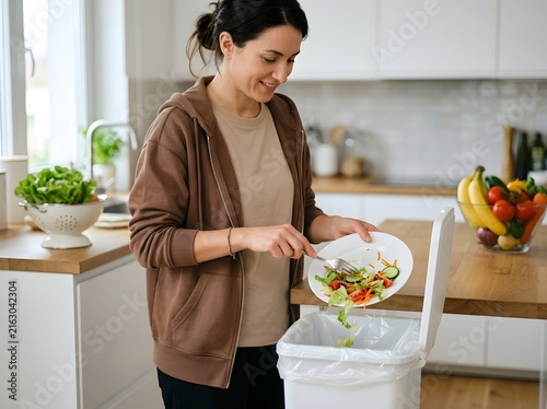 Smiling woman in kitchen throwing leftover salad from a plate into a white waste bin with disposal
