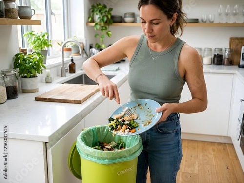 Woman scraping leftover food waste from a plate into a green compost bin in the kitchen
