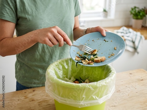 Close up of a person scraping leftover meal scraps from a plate into a compost bin with leftovers
