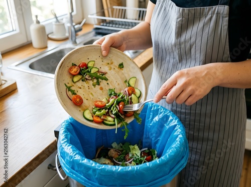 Woman scraping leftover salad from a plate into a compost bin using a fork with scraping, leftovers